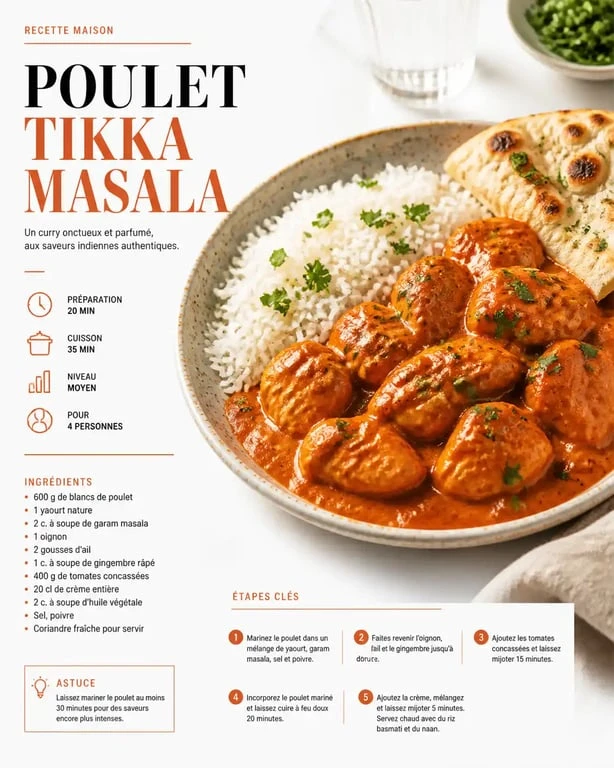 Plat à base de poulet Tikka Masala maison servi avec du riz basmati et un naan
