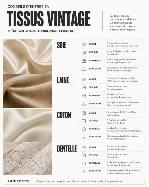 Guide d'entretien des vêtements vintage femme : conseils de lavage pour soie, laine, coton et dentelle