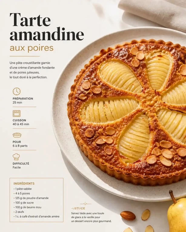 Tarte amandine aux poires réalisée avec une pâte brisée sucrée maison, dessert gourmand et croustillant.