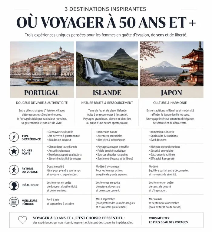 Infographie comparative des meilleures destinations pour voyager seule quand on est une femme de 50 ans : Portugal, Islande et Japon.