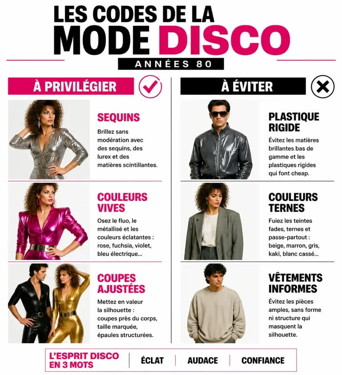 Infographie des codes de la mode année 80 disco pour réussir son déguisement