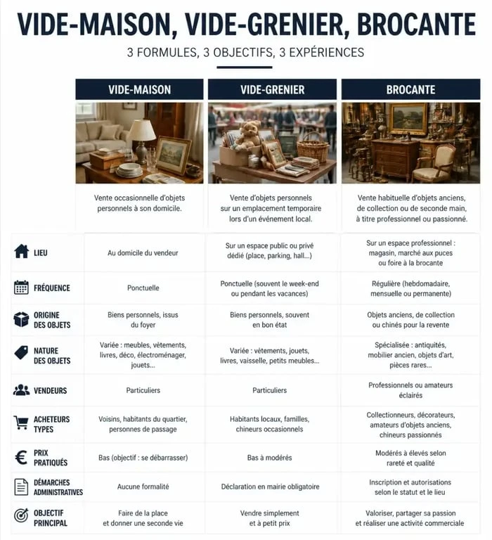 Comparatif des événements de vente d'occasion : vide-maison, vide-grenier et brocante en Dordogne