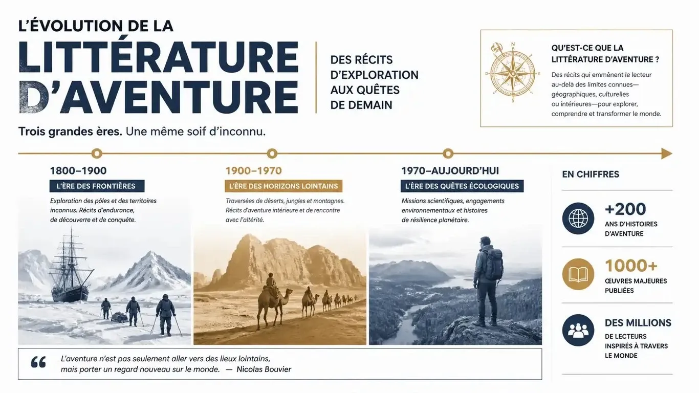 Infographie sur l'évolution et les thèmes du récit d'aventure littéraire