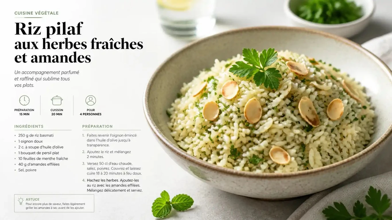 Riz en accompagnement recette : bol de riz pilaf aux herbes et amandes effilées