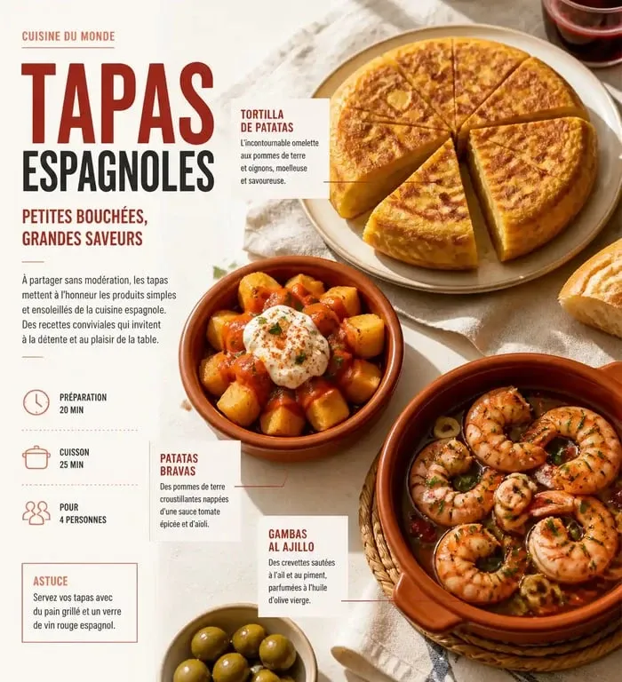 Assortiment de tapas espagnoles : tortilla, patatas bravas et gambas al ajillo pour une recette de tapas espagnoles maison