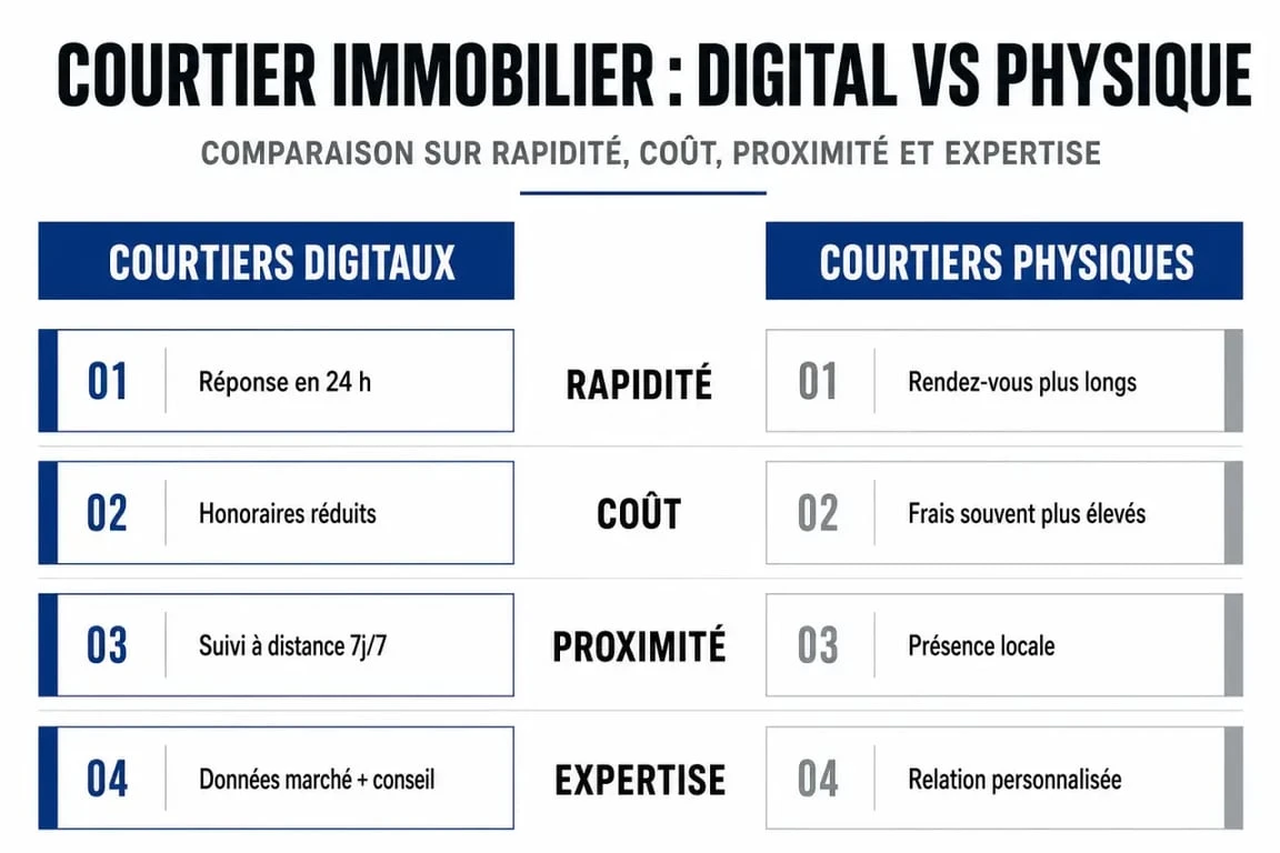 Infographie comparative des avantages des courtiers immobiliers digitaux et physiques pour choisir le meilleur courtier immobilier