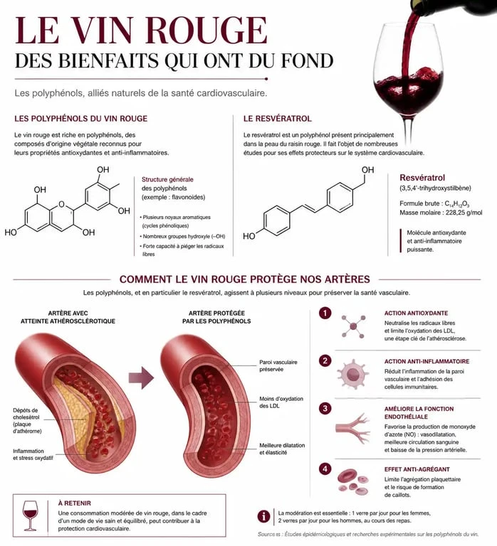 Infographie sur les bienfaits du vin rouge et les mécanismes des polyphénols pour la santé cardiovasculaire