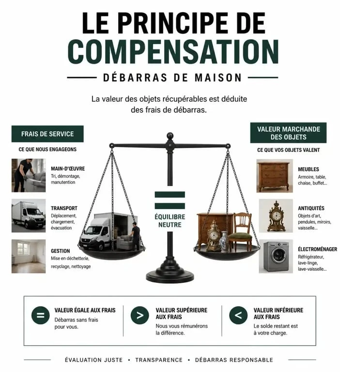 Principe de fonctionnement du débarras de maison gratuit par compensation de valeur des biens