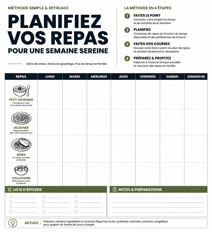 Infographie de planification de menu famille pour la semaine pour une organisation simplifiée des repas
