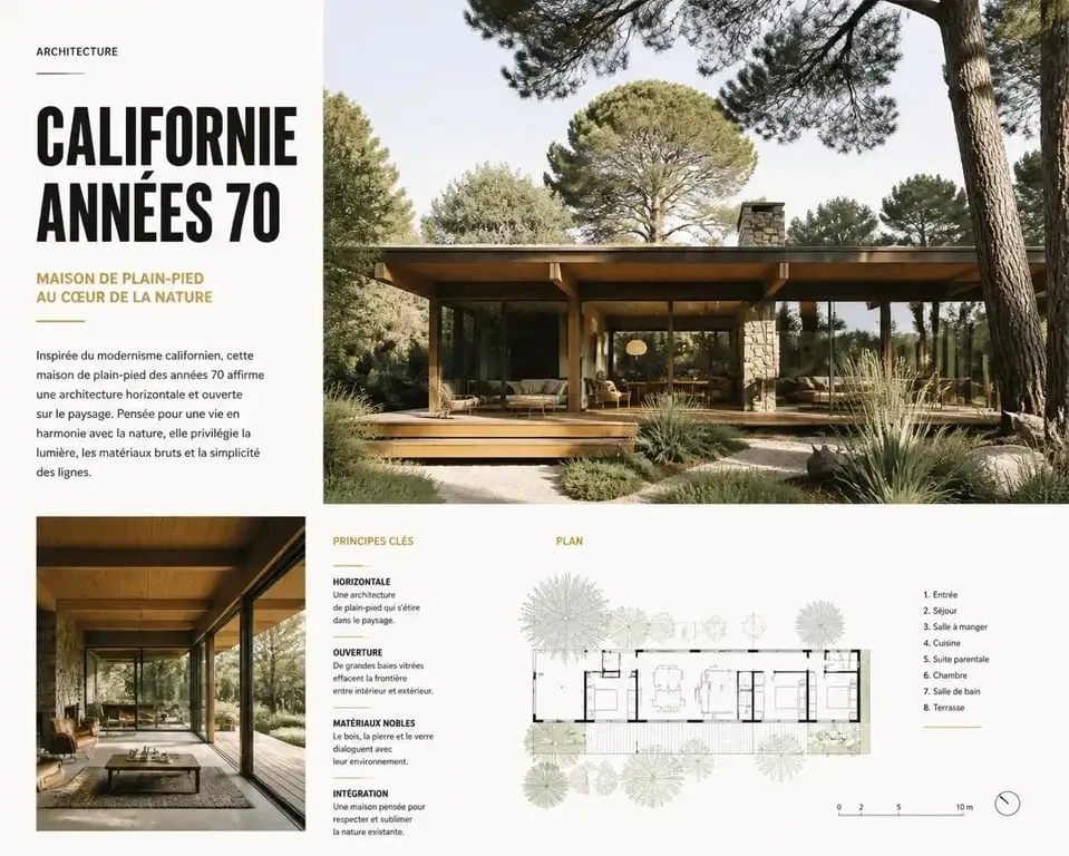 Maison californienne année 70 avec toit plat et grandes baies vitrées