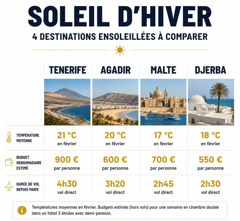 Infographie comparative des destinations soleil pas cher en hiver : températures, budgets et temps de vol pour Tenerife, Agadir, Malte et Djerba.