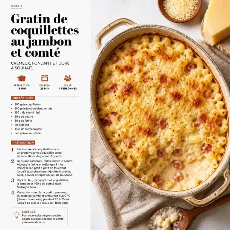 Gratin de coquillettes au jambon et comté, une recette facile et pas cher