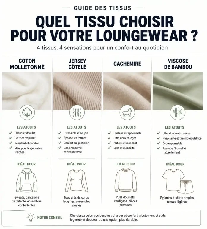 Infographie des matières idéales pour composer une tenue chill femme : molleton, jersey, cachemire et viscose de bambou.