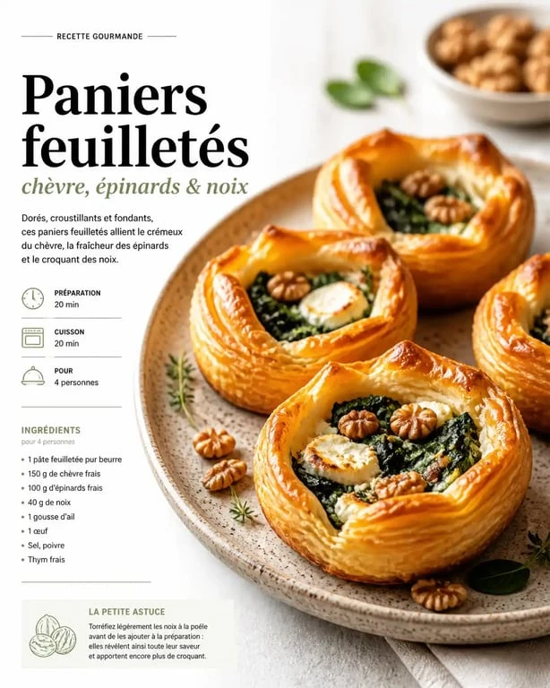 Recette feuilleté salé : paniers feuilletés au chèvre, épinards et noix sur une assiette