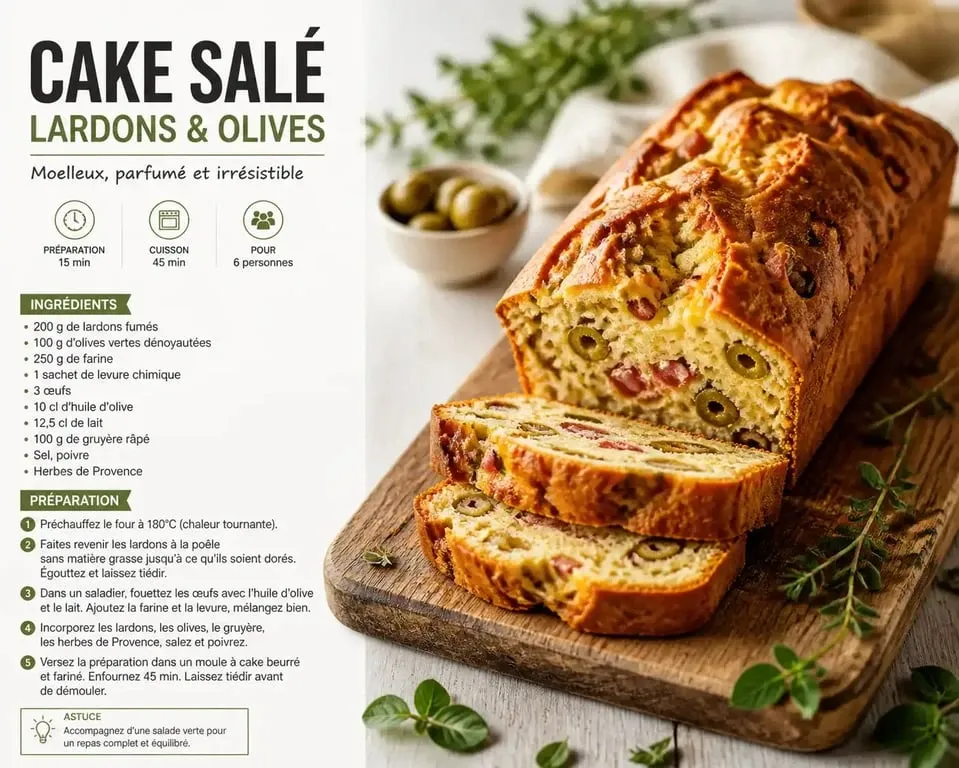 Cake salé aux lardons et olives, une recette salée facile et gourmande pour l'apéritif.