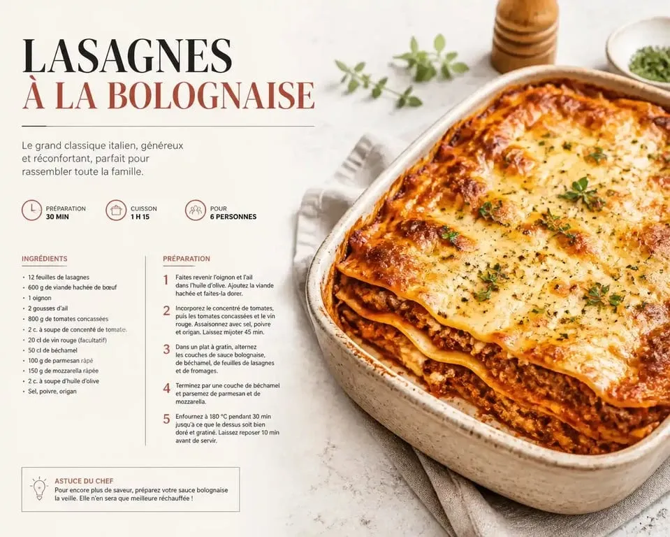 Lasagnes à la bolognaise généreuses pour 10 personnes dans un plat à gratin
