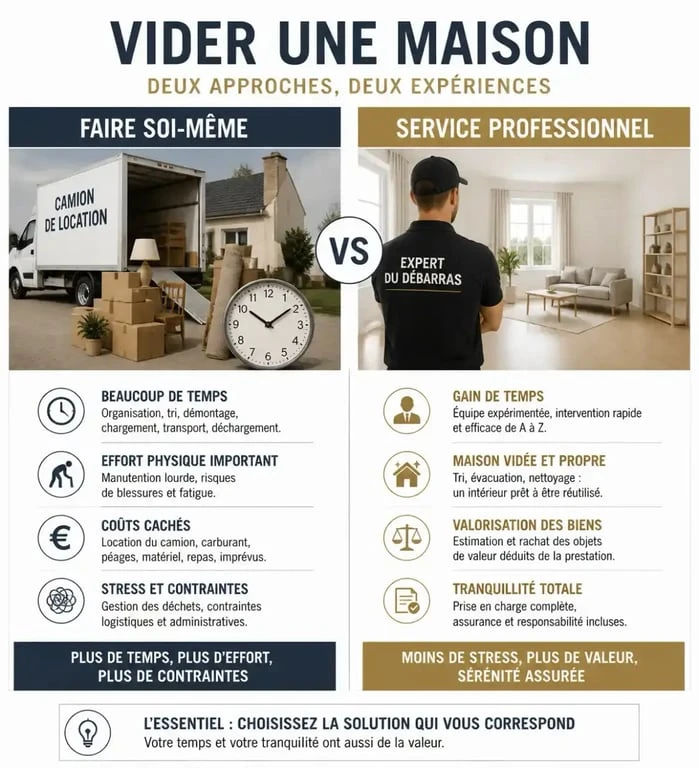 Comparatif vide maison gratuit : faire soi-même ou faire appel à un professionnel pour un débarras efficace.