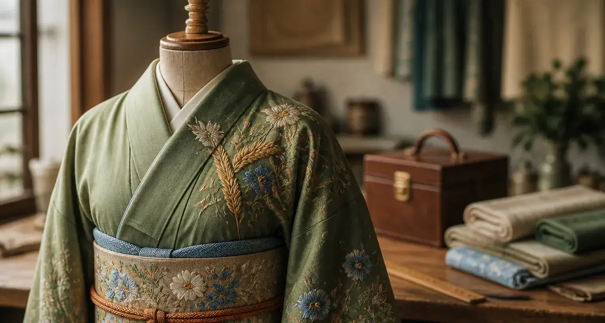 Kimono japonais en soie sur mannequin, broderies visibles