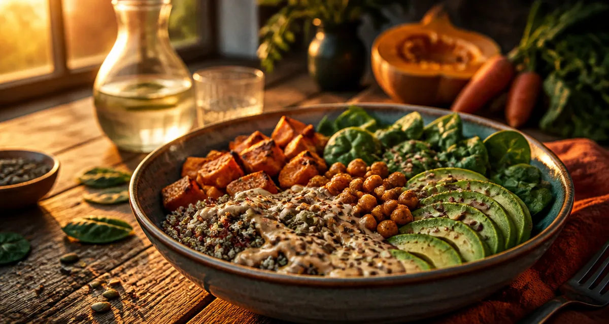 Nourriture healthy Buddha bowl sur table rustique