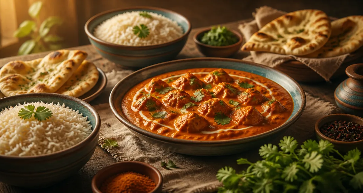 plat a base de poulet tikka masala sur table rustique