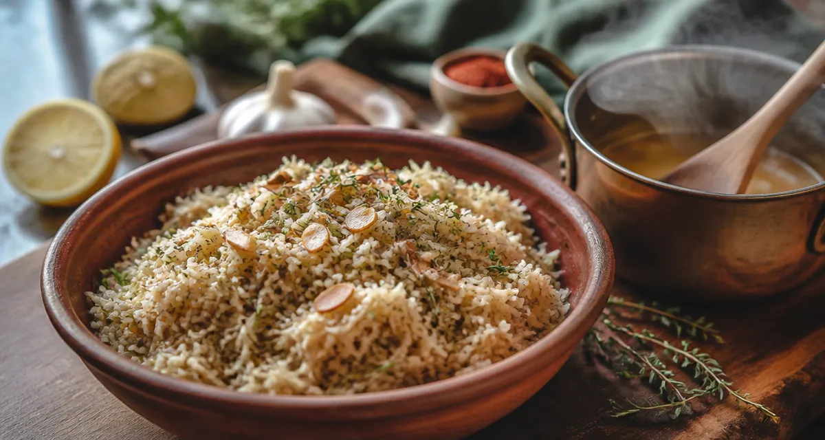 Riz en accompagnement recettes : bol de riz pilaf aux herbes, grains détachés