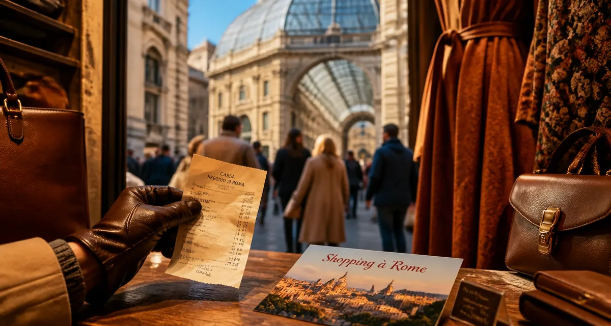 shopping rome en rue commerçante : vitrine sacs et robes en cuir, ticket et carte