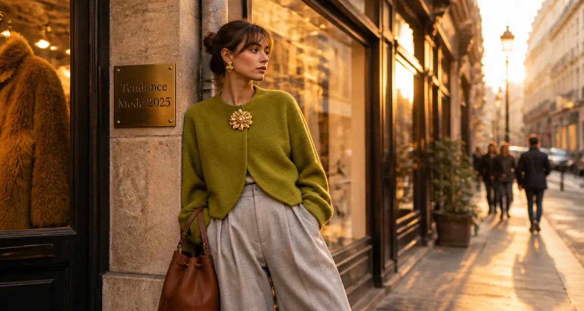 tendance mode 2025 femme veste boléro vert chartreuse pantalon large