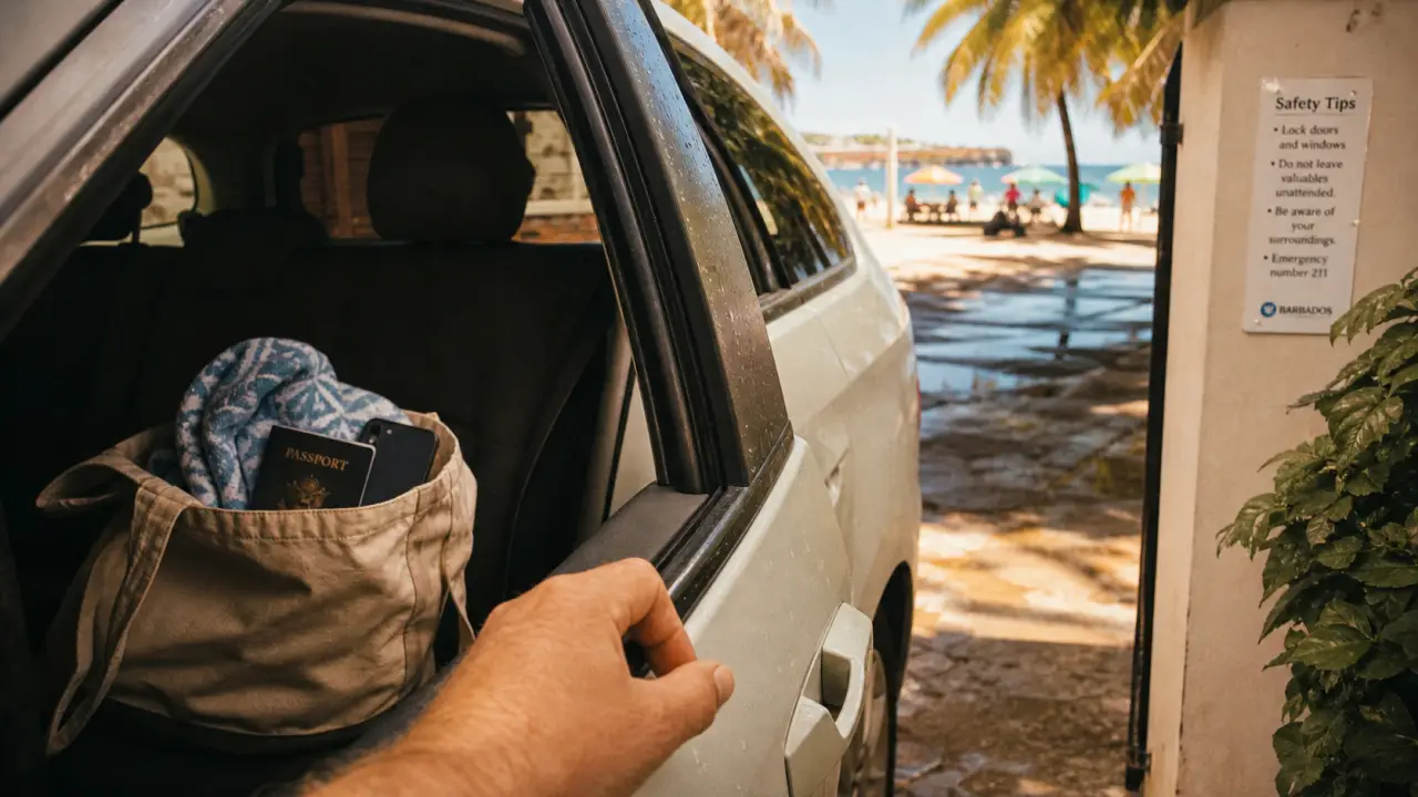 Barbade danger : main verrouille une voiture de location, passeport et téléphone en sécurité