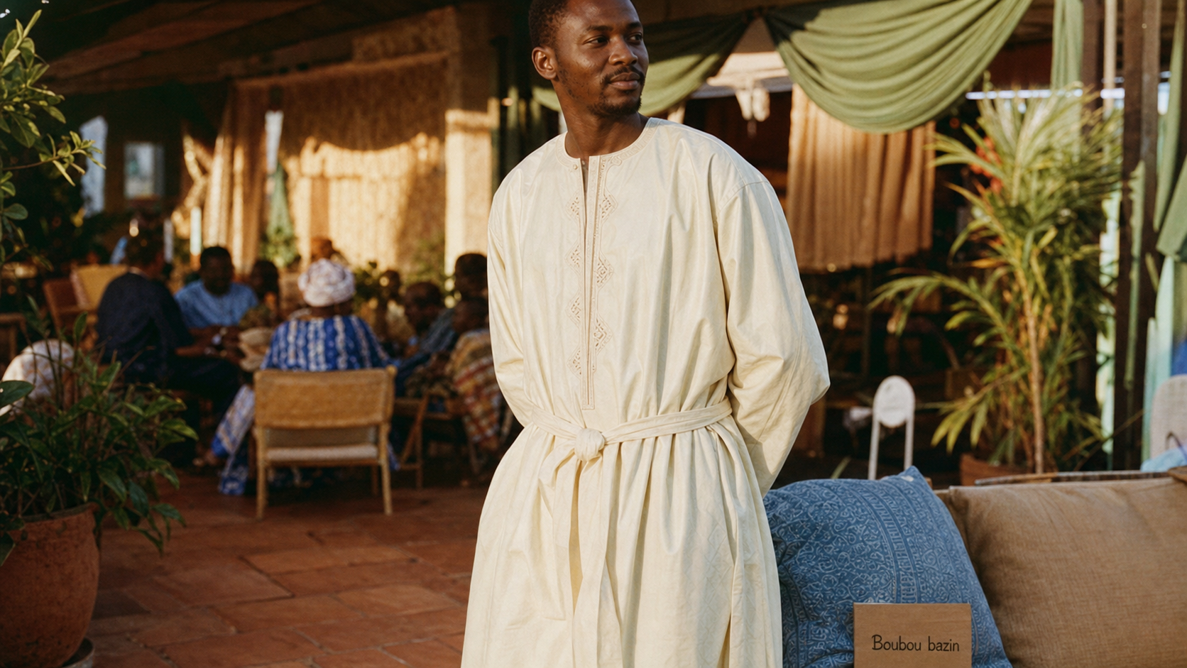 Boubou homme en bazin crème, réception en terrasse, style occasion