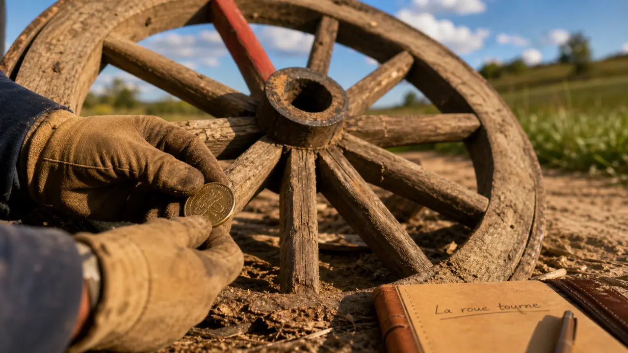 Citation la roue tourne, grande roue en bois et pièce en laiton