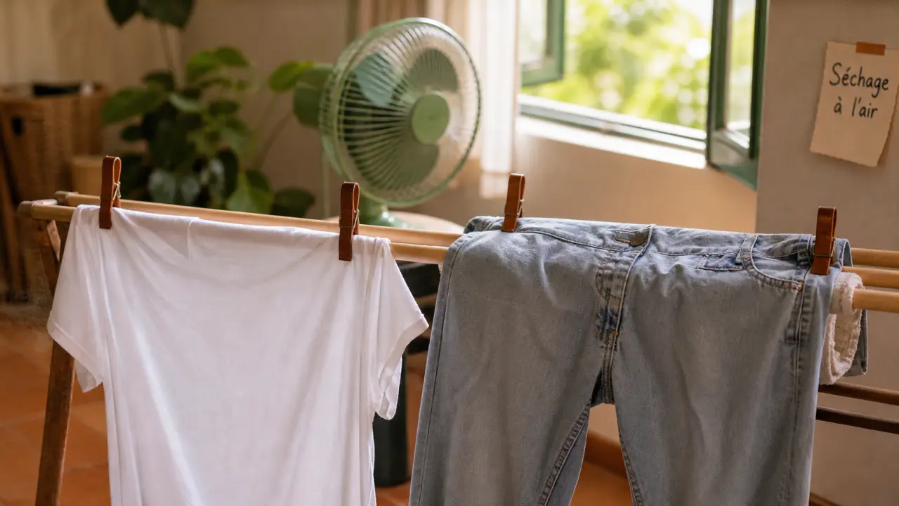 Comment sécher un vêtement rapidement sans sèche linge : t-shirt et jean sur étendoir ventilé