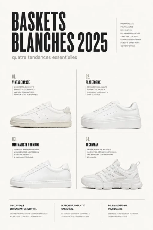 Basket blanche femme tendance 2025 : quatre styles de sneakers blanches en composition éditoriale
