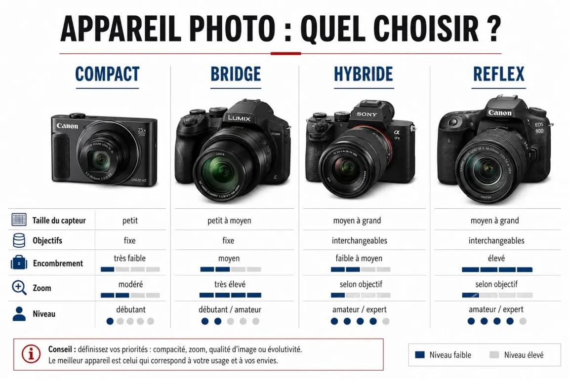 appareil photo quel choisir : comparatif compact, bridge, hybride et reflex