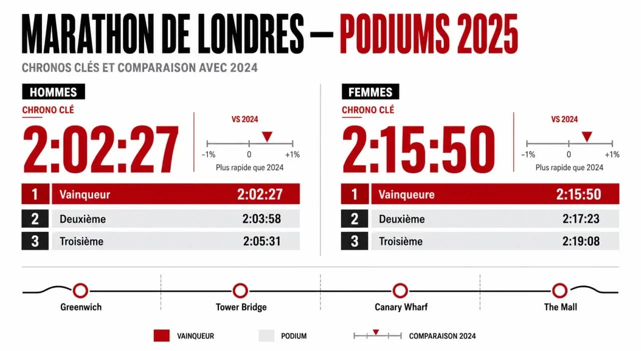 Classement marathon de Londres : infographie éditoriale sur les podiums hommes et femmes et les meilleurs chronos