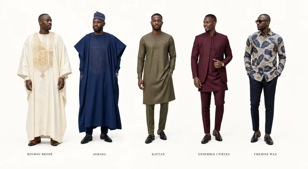 Tenue africaine homme : comparaison visuelle de boubou, agbada, kaftan et ensemble 3 pièces