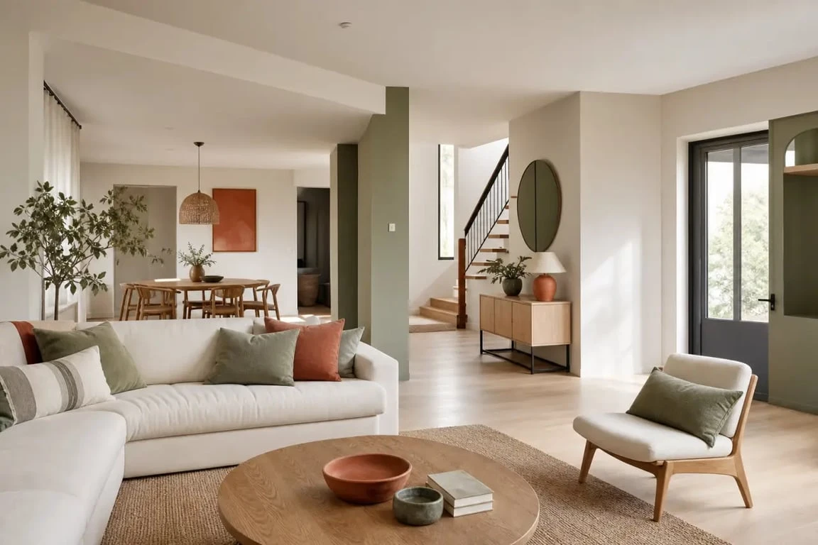 Idées déco maison intérieur : salon chaleureux, salle à manger et entrée harmonisés dans une palette naturelle