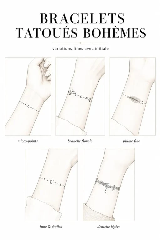 Inspirations de boheme chic tatouage bracelet poignet femme avec initiale en motifs fins floraux et astraux