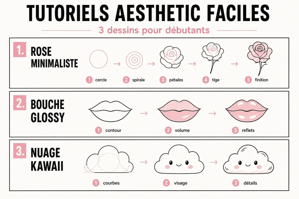 Dessin aesthetic facile en trois étapes avec une rose, une bouche glossy et un nuage kawaii