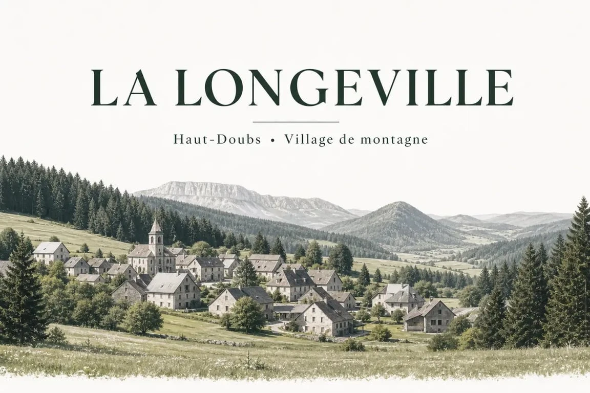 Vue panoramique du village de La Longeville dans le Doubs, entouré de forêts et de paysages montagnards.