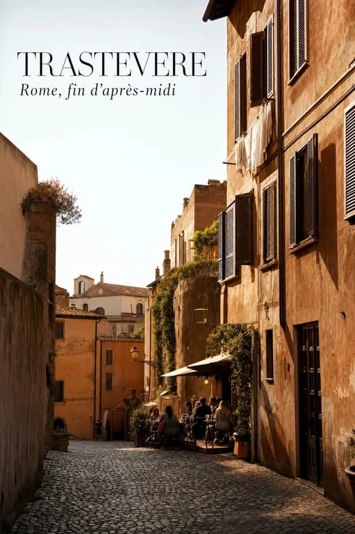 Trastevere à Rome, rue pavée typique avec façades ocre et ambiance de quartier vivant