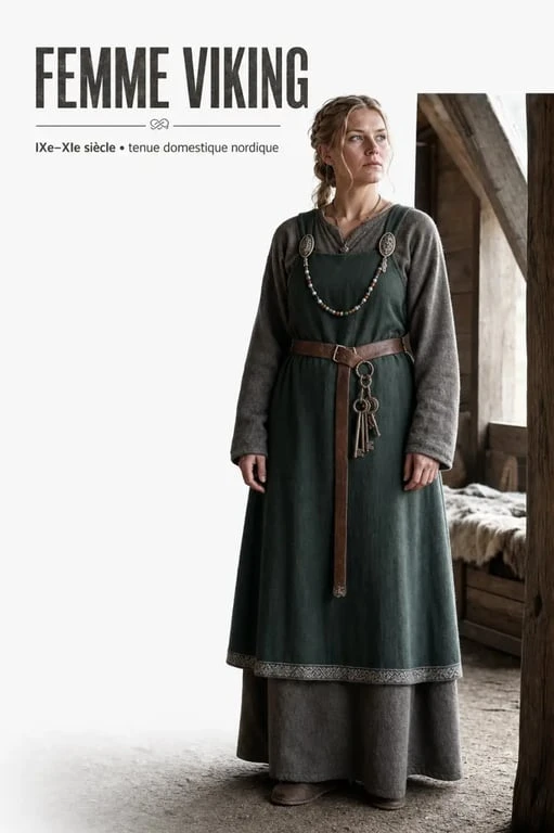Viking femme en tenue historique avec broches, clés et robe longue dans une maison longue nordique