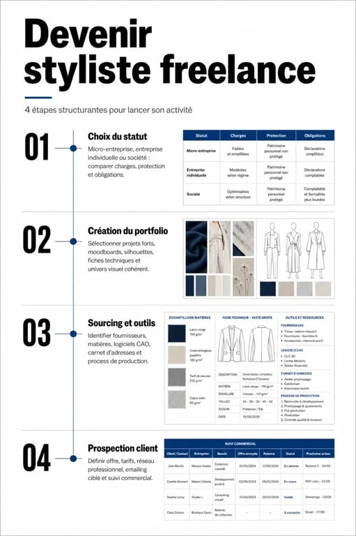 Infographie des étapes pour devenir styliste freelance et lancer son activité dans la mode
