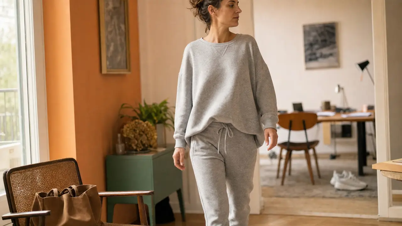 Ensemble de jogging pour femme, confort et style en intérieur près de la fenêtre