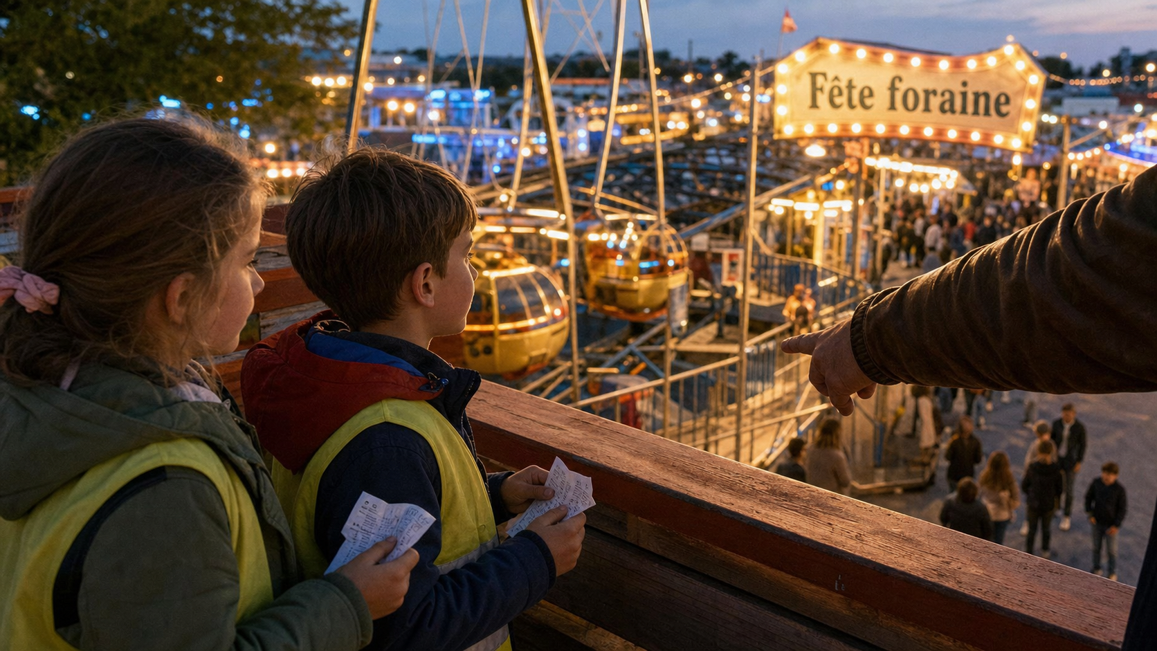 Fete foraine dijon sur le Mail Delaborde : enfants avec tickets et manèges illuminés