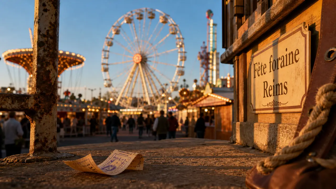 Fête foraine Reims, Grande Roue illuminée sur la chaussée Bocquaine au coucher du soleil