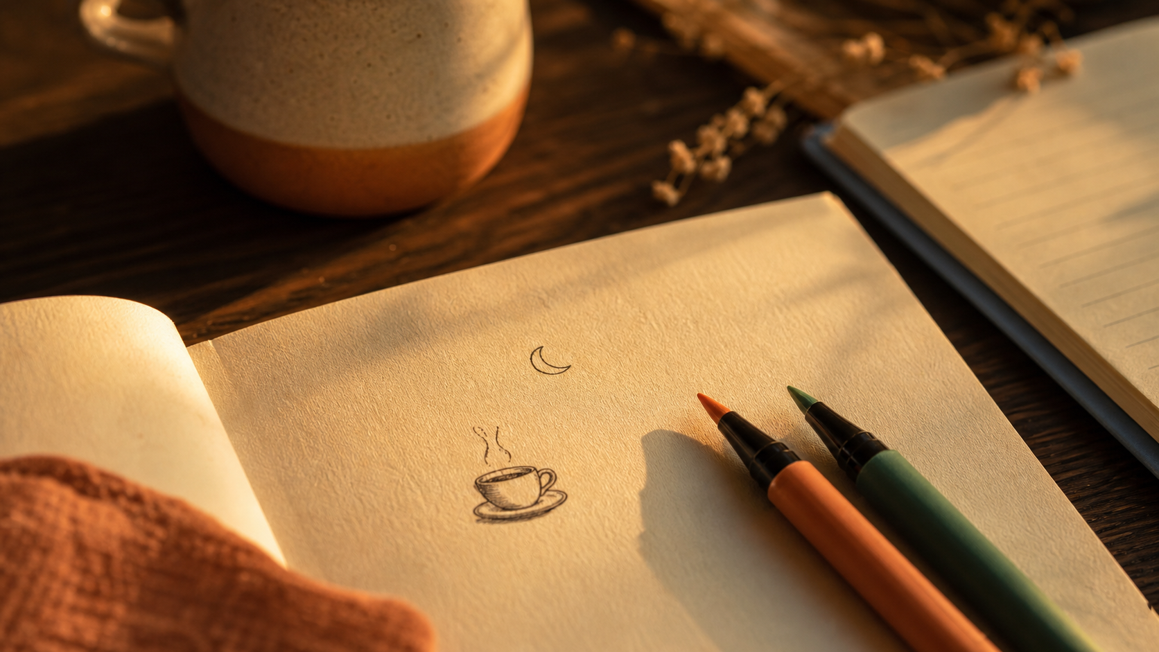 Idee dessin aesthetic : mini tasse fumante dans carnet en golden hour