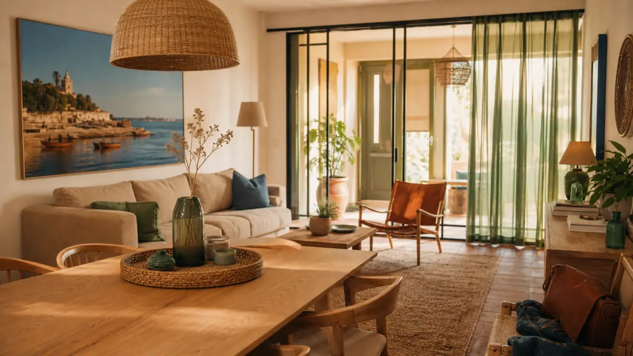 Idées déco maison intérieur : salon lumineux aux tons terre cuite, vert naturel et rangements