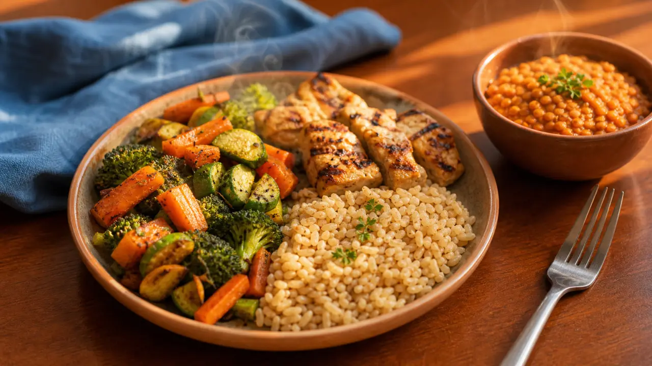 Idées repas équilibré : assiette avec proportions légumes, protéines et féculents