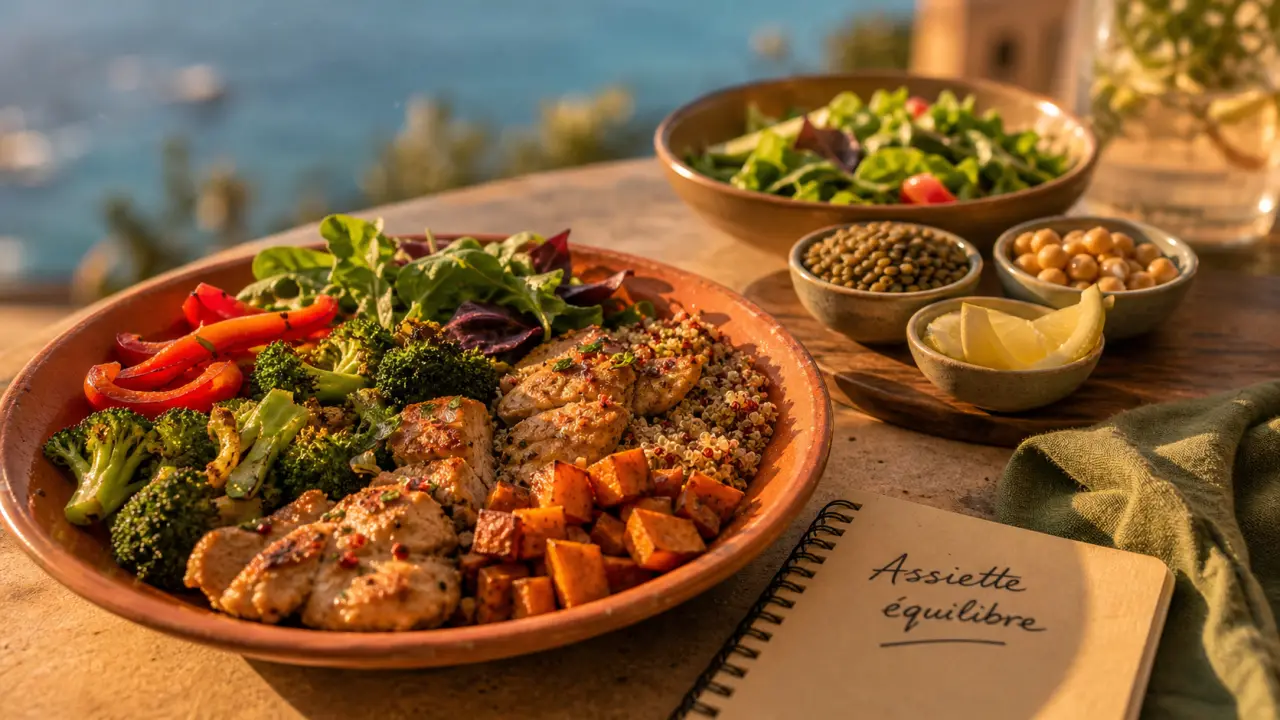 Idées repas équilibré : assiette proportion légumes protéines féculents