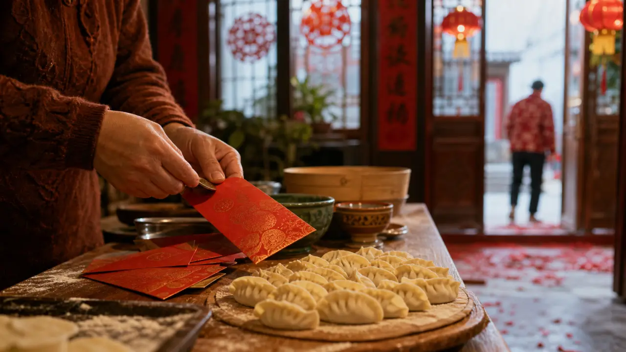 Jour de l an chinois : table avec enveloppes rouges hongbao